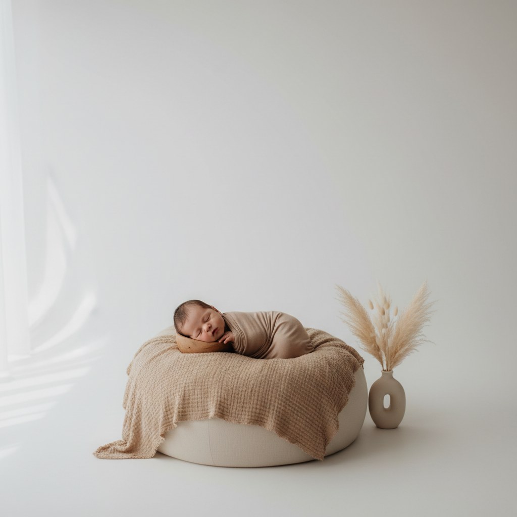 Minimal dekor — sade arka plan ve temiz çizgiler ile stüdyo sahnesi